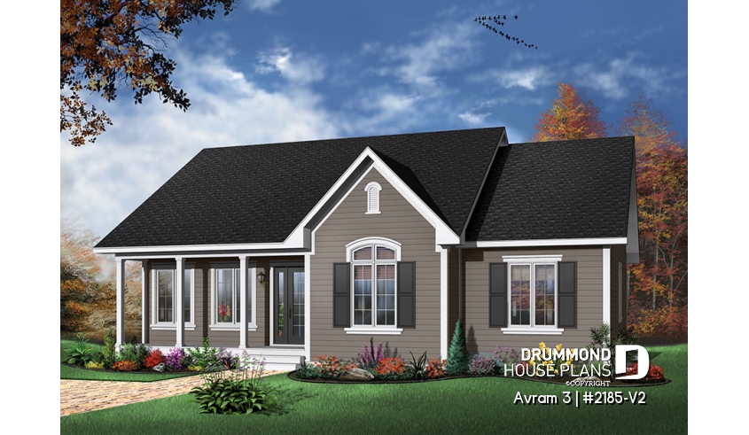 Color version 1 - Front - Affordable one-storey ranch house plan, 3 bedrooms, open layout, 10' ceiling in living, low construction costs - Avram 3