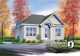 front - BASE MODEL - Low-cost one-story starter house plan, 2 bedrooms and great open floor plan layout, partial cathedral ceiling - Chauncy