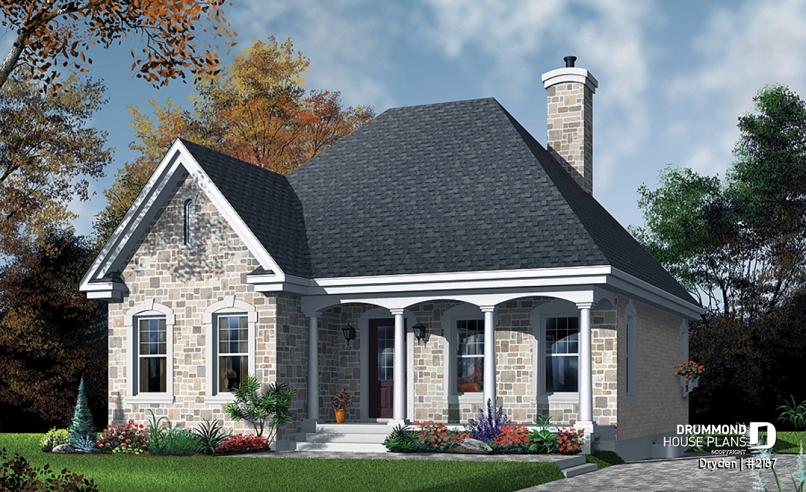 front - BASE MODEL - European home design, 2 bedroom floor plan, rustic style, fireplace, covered front balcony - Dryden
