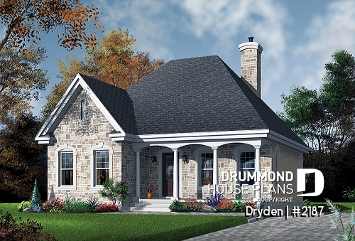 front - BASE MODEL - European home design, 2 bedroom floor plan, rustic style, fireplace, covered front balcony - Dryden