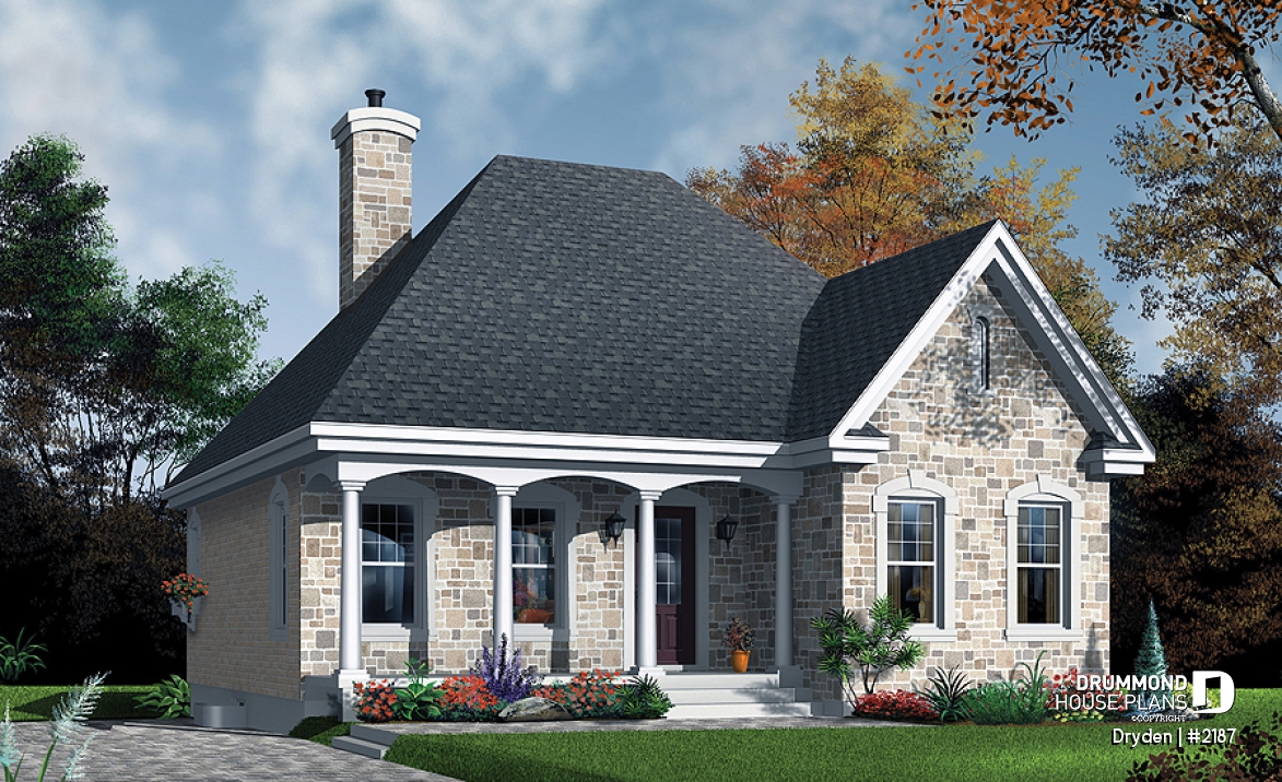 front - BASE MODEL - European home design, 2 bedroom floor plan, rustic style, fireplace, covered front balcony - Dryden