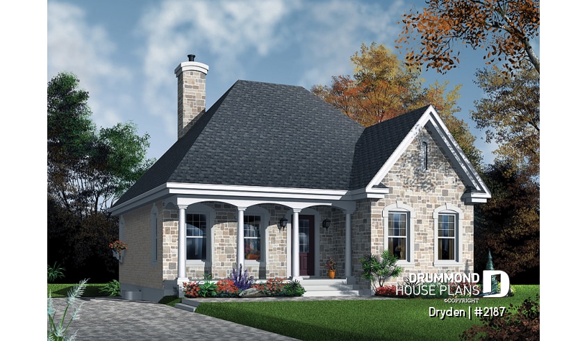 front - BASE MODEL - European home design, 2 bedroom floor plan, rustic style, fireplace, covered front balcony - Dryden