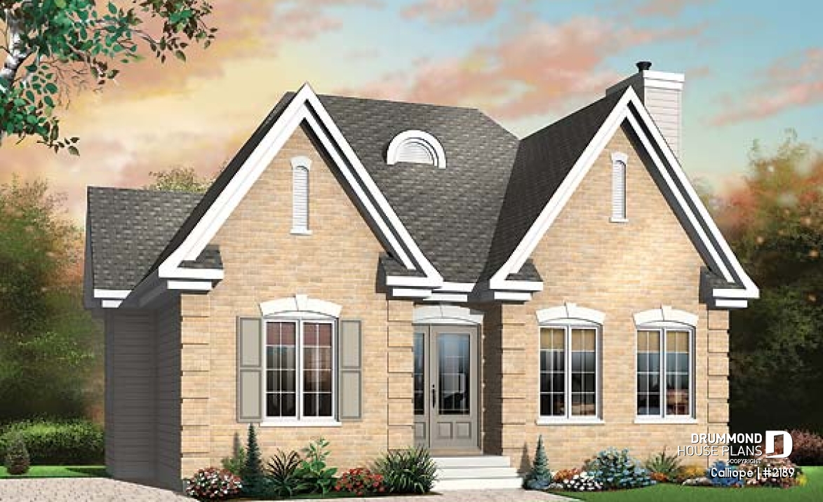 front - BASE MODEL - affordable one-storey home, ideal starter house plan, 2 bedrooms, lots of natural light, fireplace - Calliope