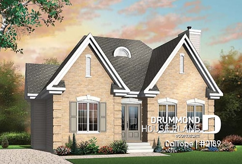 front - BASE MODEL - affordable one-storey home, ideal starter house plan, 2 bedrooms, lots of natural light, fireplace - Calliope