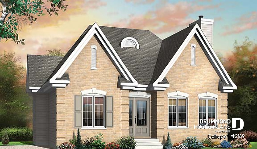 front - BASE MODEL - affordable one-storey home, ideal starter house plan, 2 bedrooms, lots of natural light, fireplace - Calliope