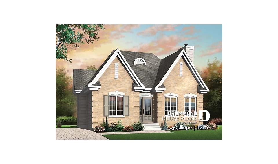 front - BASE MODEL - affordable one-storey home, ideal starter house plan, 2 bedrooms, lots of natural light, fireplace - Calliope