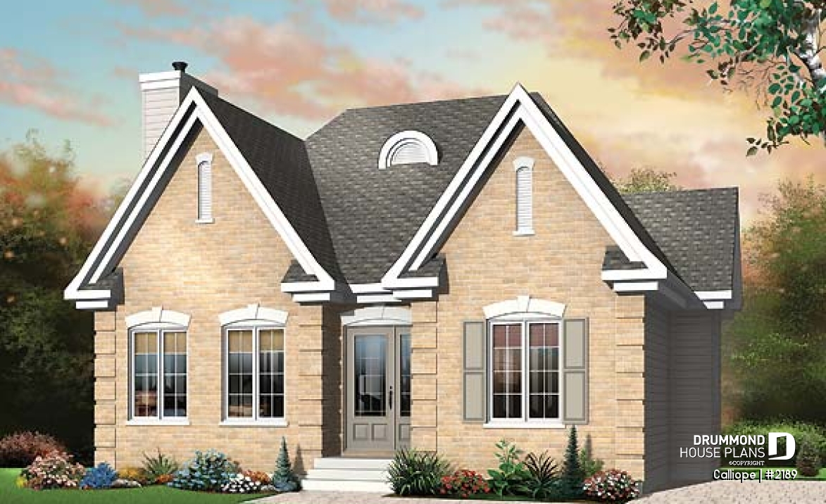 front - BASE MODEL - affordable one-storey home, ideal starter house plan, 2 bedrooms, lots of natural light, fireplace - Calliope