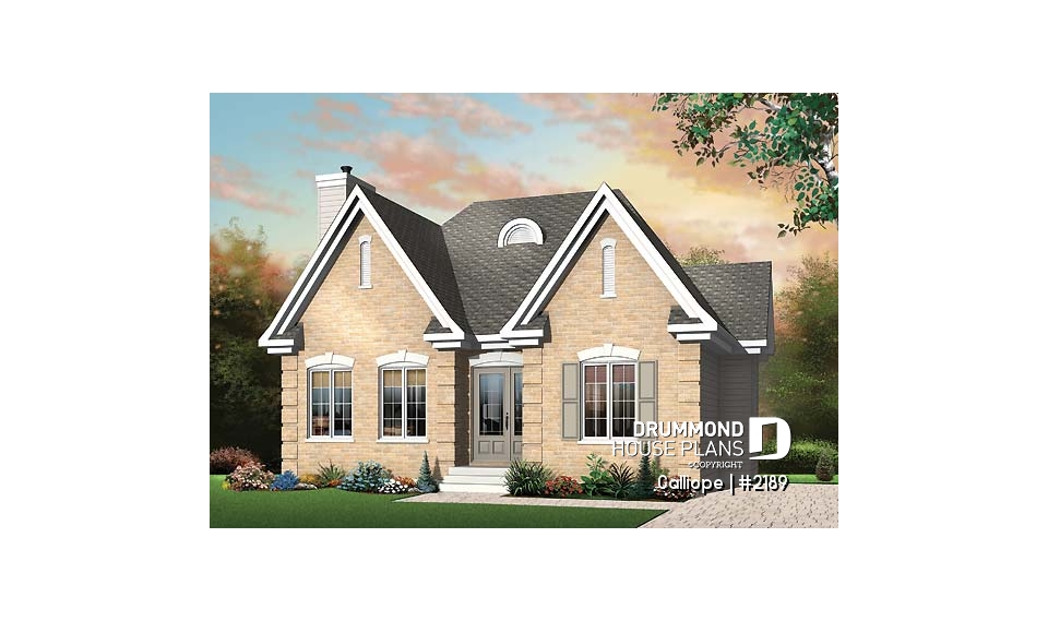 front - BASE MODEL - affordable one-storey home, ideal starter house plan, 2 bedrooms, lots of natural light, fireplace - Calliope