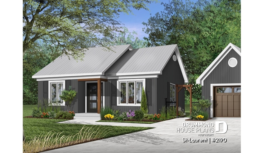 Color version 6 - Front - 2 large bedrooms, small & simple transitional style house plan, very low construction cost, open space - St-Laurent