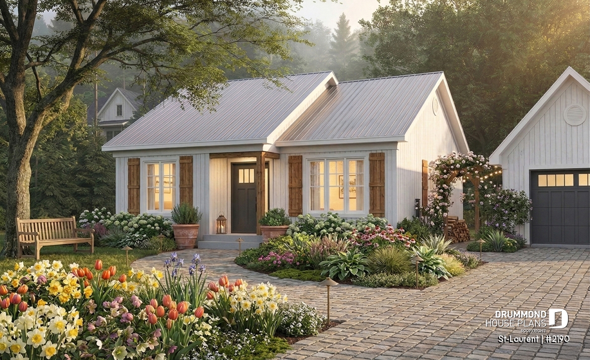 front - BASE MODEL - 2 to 4 bedrooms, small &amp; simple transitional style house plan, optional finished basement ($) - St-Laurent