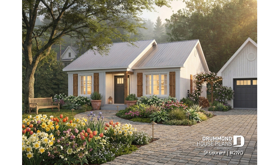 front - BASE MODEL - 2 to 4 bedrooms, small &amp; simple transitional style house plan, optional finished basement ($) - St-Laurent