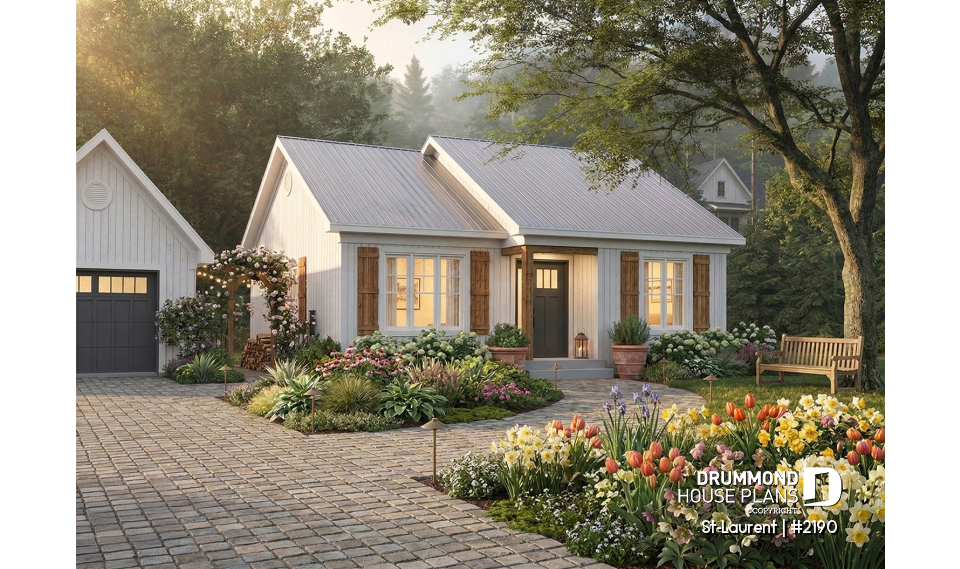 front - BASE MODEL - 2 to 4 bedrooms, small &amp; simple transitional style house plan, optional finished basement ($) - St-Laurent