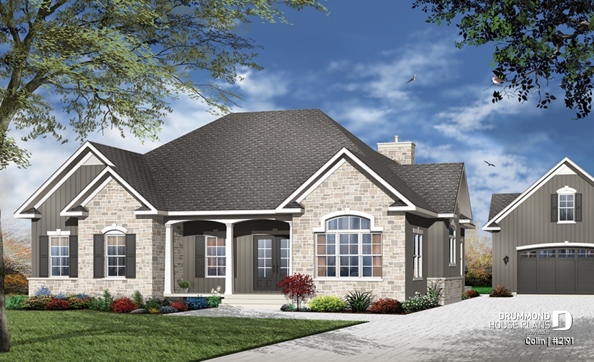 front - BASE MODEL - Ranch bungalow house plan, large master suite, 3 bedrooms, 2 bathrooms, large family room w/fireplace - Collin