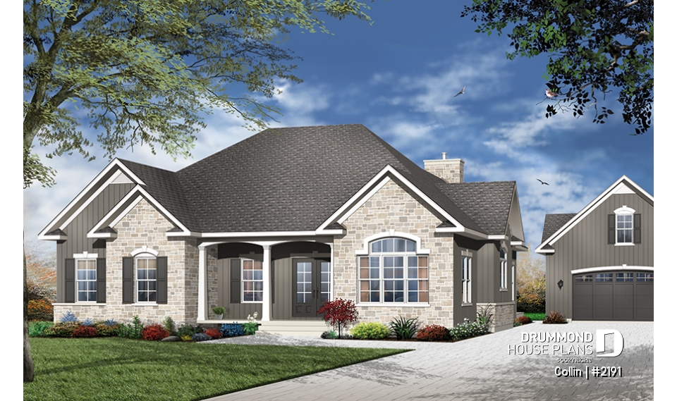 front - BASE MODEL - Ranch bungalow house plan, large master suite, 3 bedrooms, 2 bathrooms, large family room w/fireplace - Collin