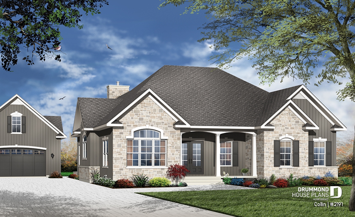 front - BASE MODEL - Ranch bungalow house plan, large master suite, 3 bedrooms, 2 bathrooms, large family room w/fireplace - Collin