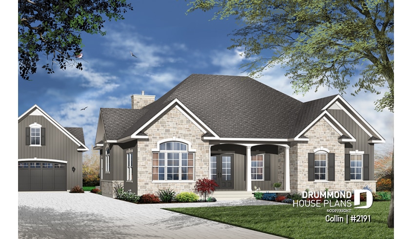 front - BASE MODEL - Ranch bungalow house plan, large master suite, 3 bedrooms, 2 bathrooms, large family room w/fireplace - Collin
