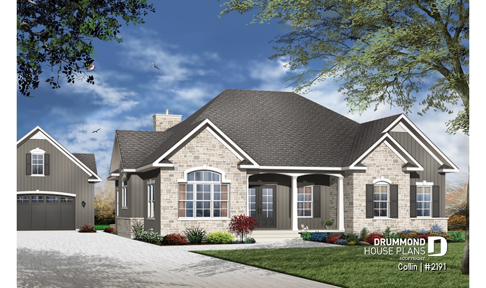 front - BASE MODEL - Ranch bungalow house plan, large master suite, 3 bedrooms, 2 bathrooms, large family room w/fireplace - Collin