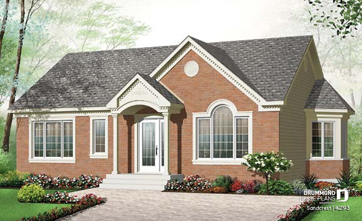 front - BASE MODEL - Traditional one floor 3 bedroom house plan, kitchen island,  full family bathroom, lots of  natural lights - Sandcrest