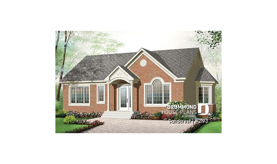 front - BASE MODEL - Traditional one floor 3 bedroom house plan, kitchen island,  full family bathroom, lots of  natural lights - Sandcrest
