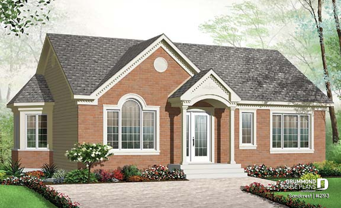 front - BASE MODEL - Traditional one floor 3 bedroom house plan, kitchen island,  full family bathroom, lots of  natural lights - Sandcrest