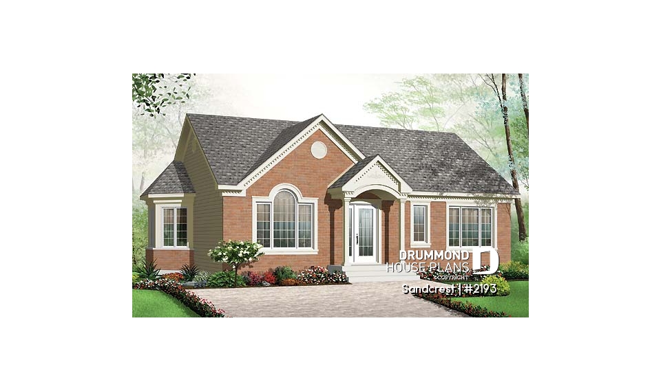 front - BASE MODEL - Traditional one floor 3 bedroom house plan, kitchen island,  full family bathroom, lots of  natural lights - Sandcrest