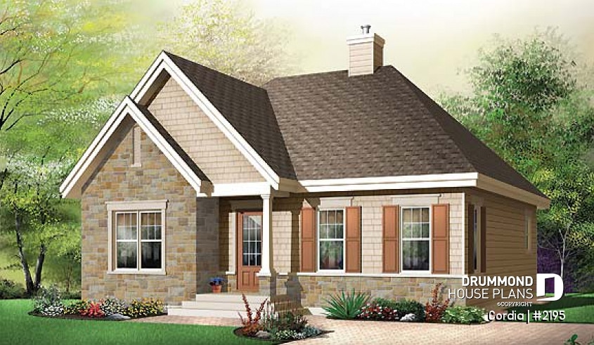 front - BASE MODEL - Affordable bungalow house plan, lots of natural lights, nice family room with corner fireplace - Cordia