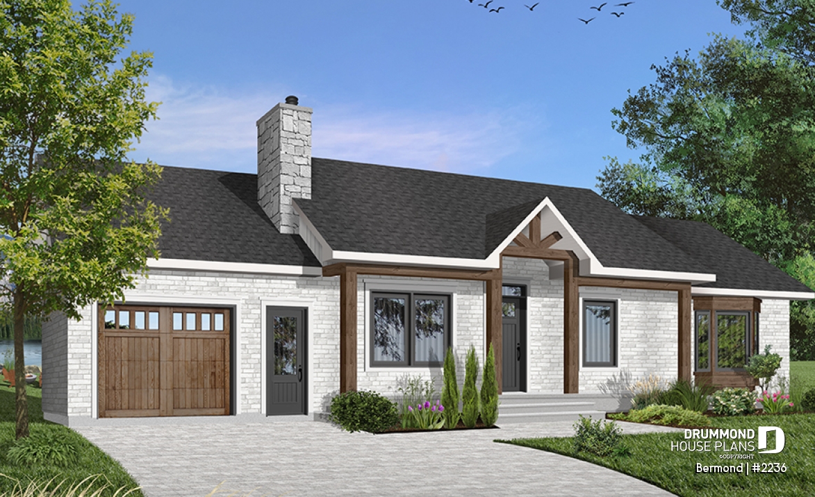 Color version 1 - Front - Traditional Ranch Bungalow house plan with garage, 3 bedrooms, affordable construction cost, great kitchen - Bermond
