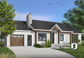Color version 1 - Front - Traditional Ranch Bungalow house plan with garage, 3 bedrooms, affordable construction cost, great kitchen - Bermond