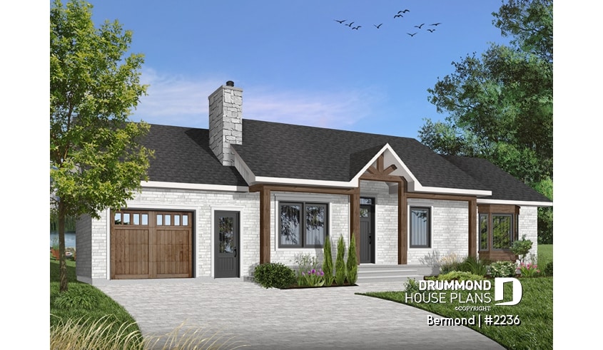 Color version 1 - Front - Traditional Ranch Bungalow house plan with garage, 3 bedrooms, affordable construction cost, great kitchen - Bermond