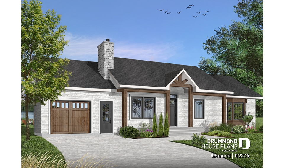 Color version 1 - Front - Traditional Ranch Bungalow house plan with garage, 3 bedrooms, affordable construction cost, great kitchen - Bermond