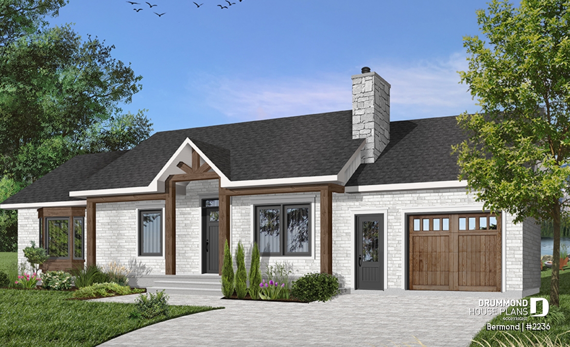 Color version 1 - Front - Traditional Ranch Bungalow house plan with garage, 3 bedrooms, affordable construction cost, great kitchen - Bermond
