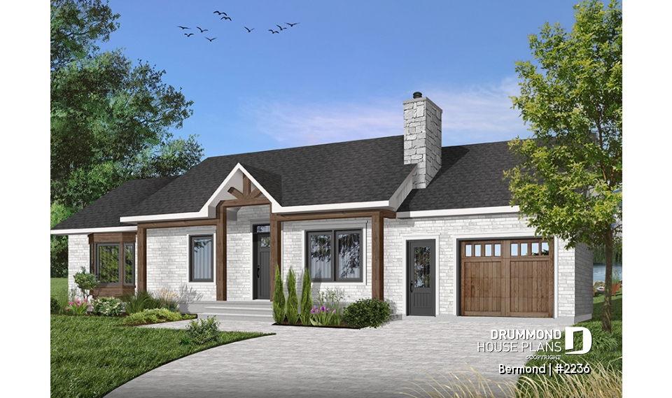Color version 1 - Front - Traditional Ranch Bungalow house plan with garage, 3 bedrooms, affordable construction cost, great kitchen - Bermond