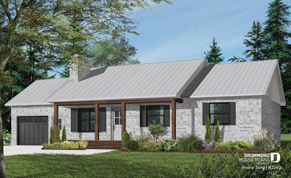 Color version 2 - Front - Bungalow Ranch house plan with 3 bedrooms, open floor plan, kitchen island, fireplace and one-car garage - Prairie Song