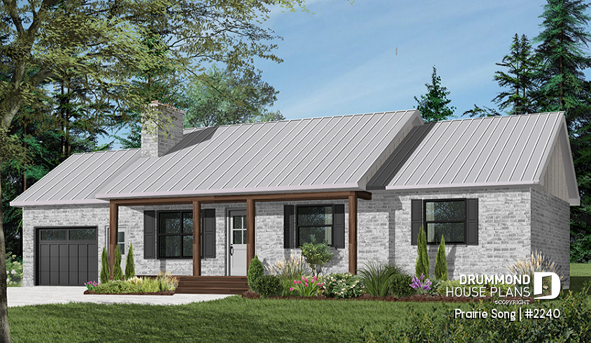 Color version 2 - Front - Bungalow Ranch house plan with 3 bedrooms, open floor plan, kitchen island, fireplace and one-car garage - Prairie Song