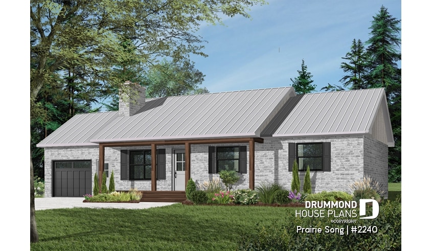Color version 2 - Front - Bungalow Ranch house plan with 3 bedrooms, open floor plan, kitchen island, fireplace and one-car garage - Prairie Song
