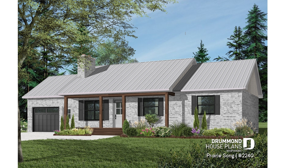 Color version 2 - Front - Bungalow Ranch house plan with 3 bedrooms, open floor plan, kitchen island, fireplace and one-car garage - Prairie Song