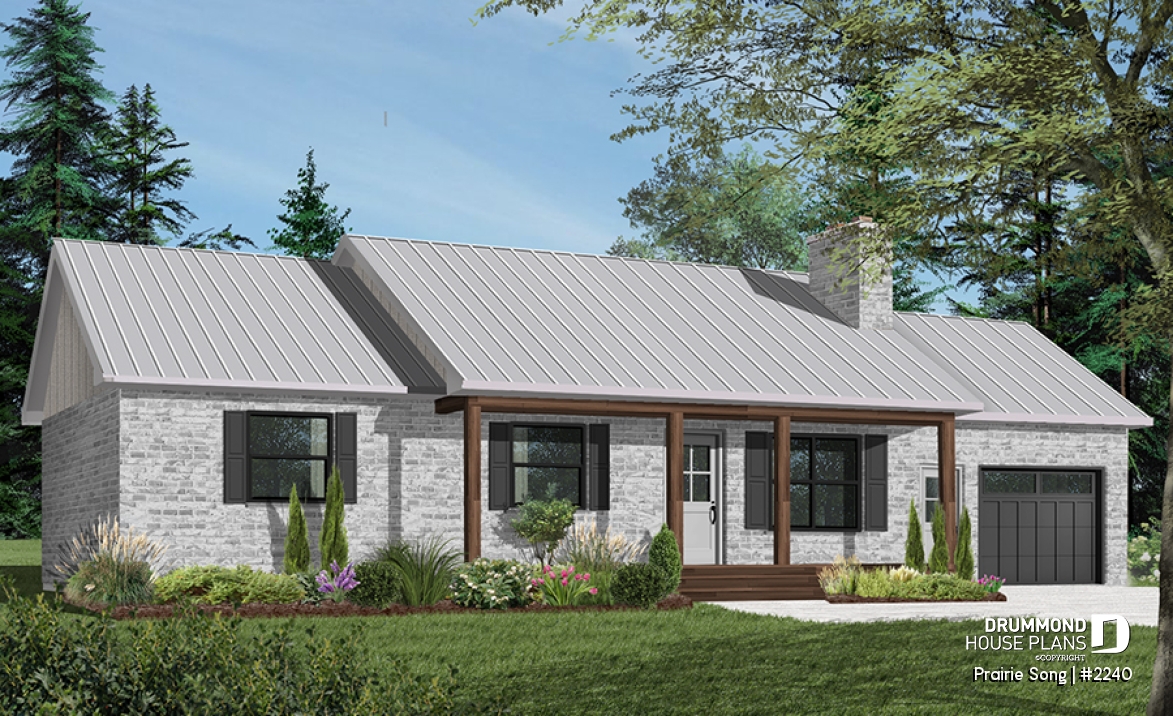 Color version 2 - Front - Bungalow Ranch house plan with 3 bedrooms, open floor plan, kitchen island, fireplace and one-car garage - Prairie Song