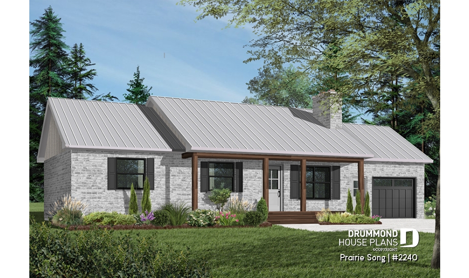 Color version 2 - Front - Bungalow Ranch house plan with 3 bedrooms, open floor plan, kitchen island, fireplace and one-car garage - Prairie Song