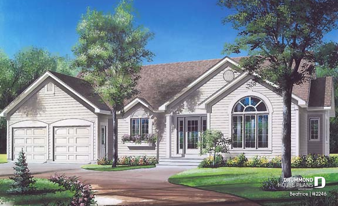 front - BASE MODEL - Spacious 3 bedroom ranch style house plan with 2-car garage and cathedral ceiling in living room - Beatrice