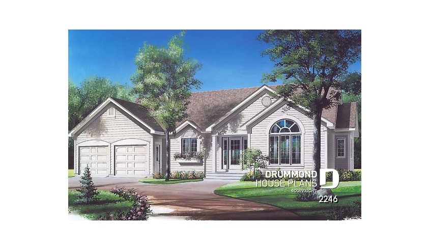 front - BASE MODEL - Spacious 3 bedroom ranch style house plan with 2-car garage and cathedral ceiling in living room - Beatrice