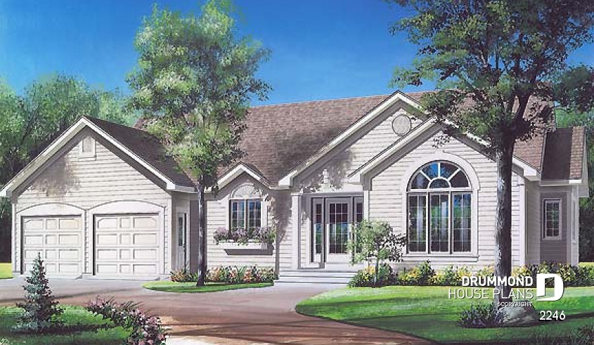 front - BASE MODEL - Spacious 3 bedroom ranch style house plan with 2-car garage and cathedral ceiling in living room - Beatrice