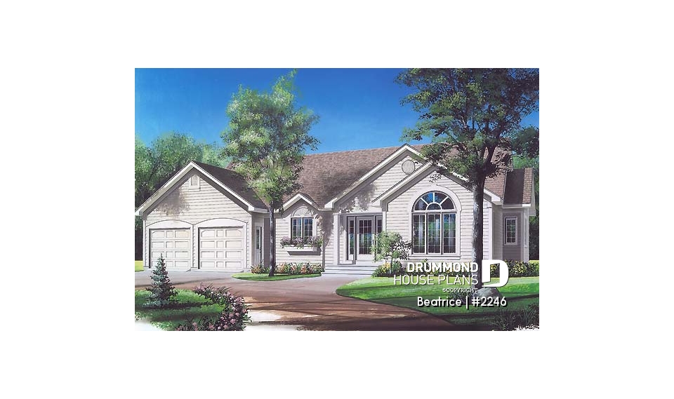 front - BASE MODEL - Spacious 3 bedroom ranch style house plan with 2-car garage and cathedral ceiling in living room - Beatrice