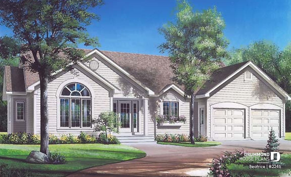 front - BASE MODEL - Spacious 3 bedroom ranch style house plan with 2-car garage and cathedral ceiling in living room - Beatrice