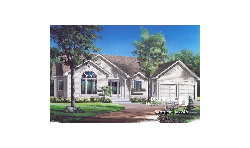 front - BASE MODEL - Spacious 3 bedroom ranch style house plan with 2-car garage and cathedral ceiling in living room - Beatrice