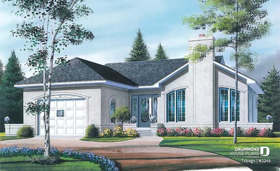 front - BASE MODEL - American style one storey home plan with 2 bedrooms, large kitchen, fireplace in living room &amp; one-car garage - Tobago
