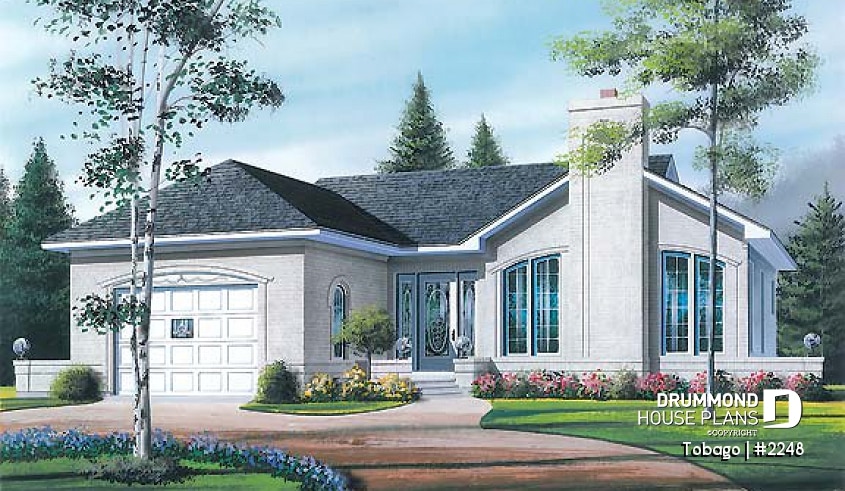 front - BASE MODEL - American style one storey home plan with 2 bedrooms, large kitchen, fireplace in living room & one-car garage - Tobago