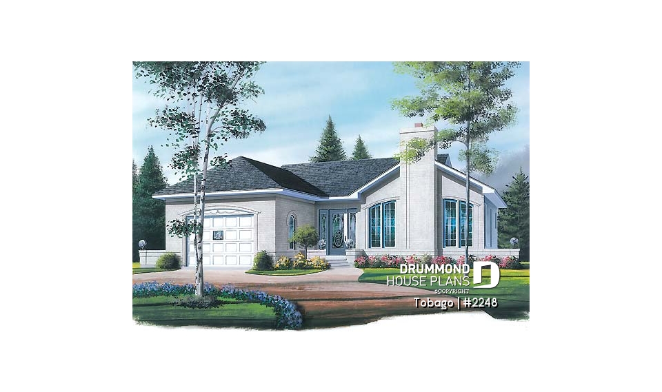 front - BASE MODEL - American style one storey home plan with 2 bedrooms, large kitchen, fireplace in living room &amp; one-car garage - Tobago