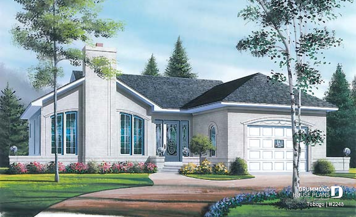 front - BASE MODEL - American style one storey home plan with 2 bedrooms, large kitchen, fireplace in living room &amp; one-car garage - Tobago