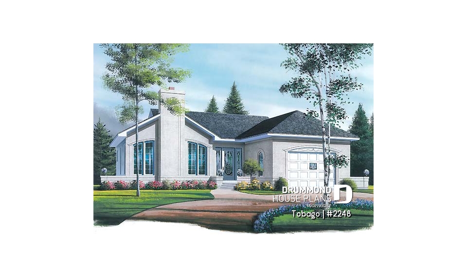 front - BASE MODEL - American style one storey home plan with 2 bedrooms, large kitchen, fireplace in living room &amp; one-car garage - Tobago