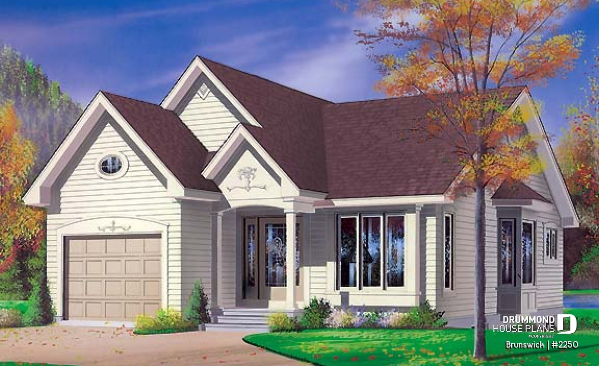 front - BASE MODEL - Small one-storey house plan with 2 bedrooms, one-car garage and lots of natural light - Brunswick